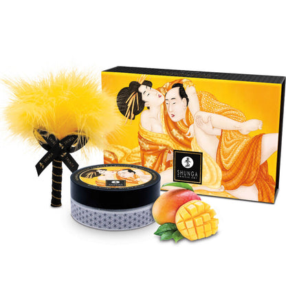 Kit de Pó de Massagem Comestível SHUNGA Manga 75g com Pincel de Penas para Massagem Sensual