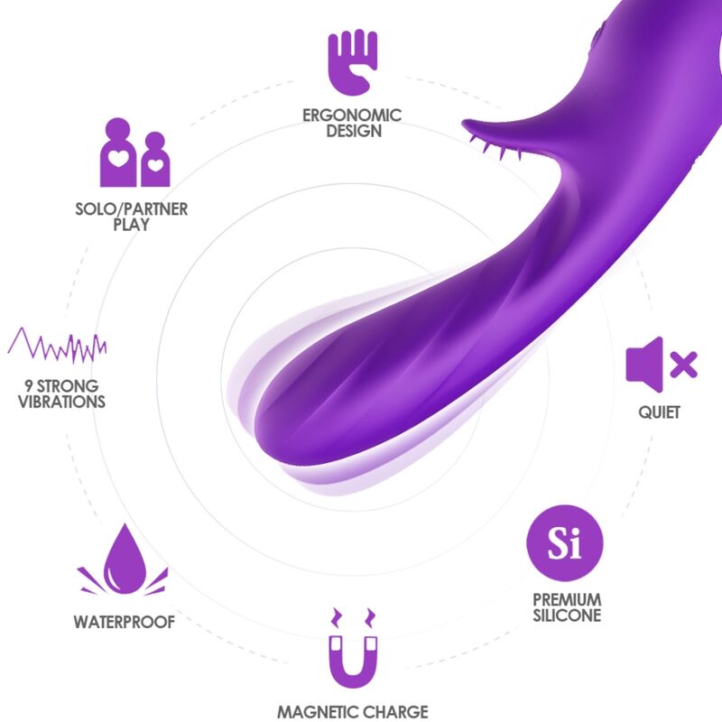 Close-up of the ARMONY Vibrador Romance com Estimulador Roxo, highlighting its curved design, smooth silicone texture, and stimulator tip.