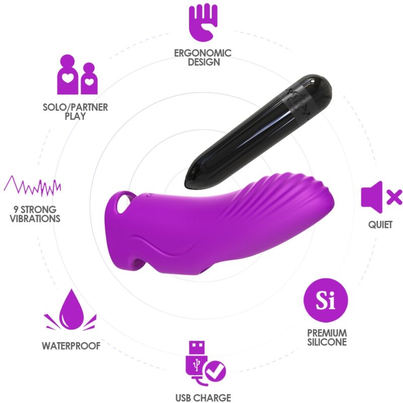 Vibrador de dedo ARMONY Aurora Roxo em silicone premium, com design ergonómico e 9 modos de vibração.