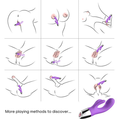 Close-up of the ARMONY Vibrador Coelho Roxo Dupla Estimulação, showcasing its ergonomic design and purple silicone finish.