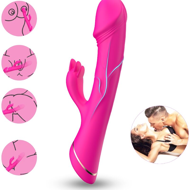 Close-up of the ARMONY Dildo Vibrador Coelho Silicone Fúcsia, highlighting its curved design and clitoral stimulator.