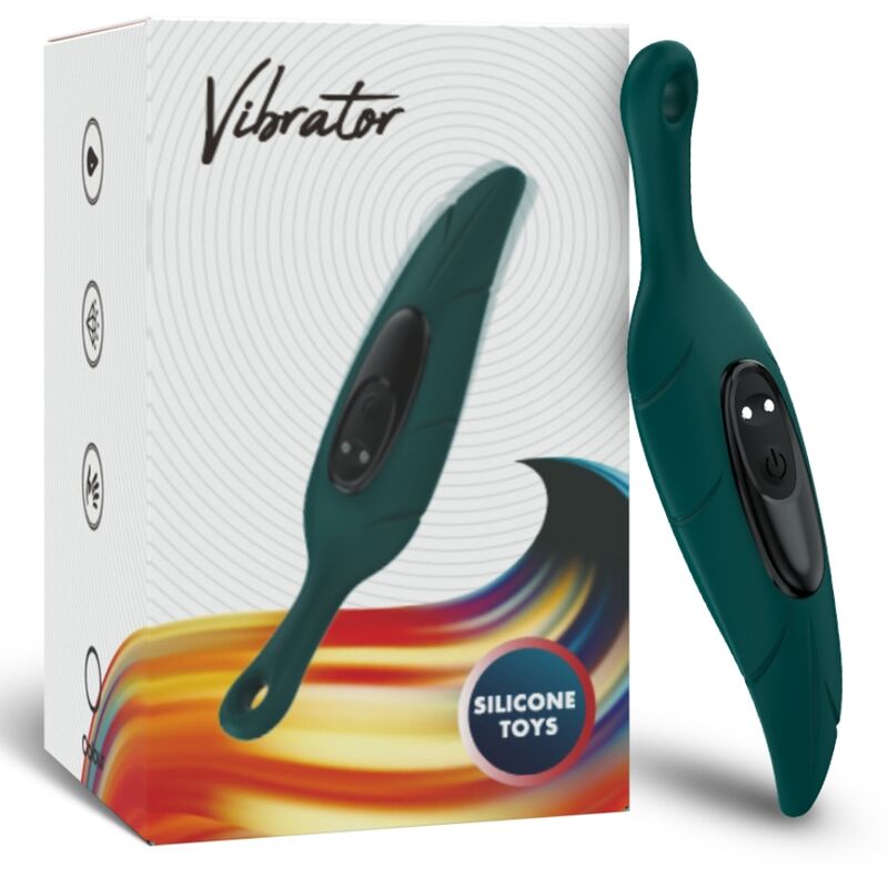 Close-up do ARMONY Vibrador Bala Folha Verde, destacando seu design único, cor vibrante e detalhes em silicone médico.