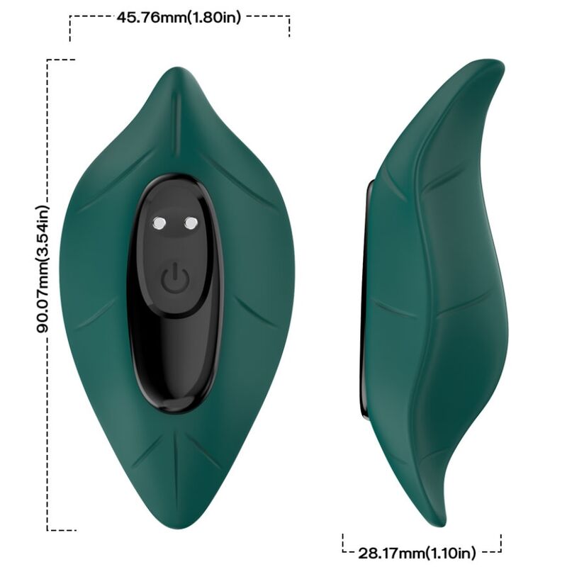 Close-up do vibrador estimulador ARMONY com controle remoto verde, destacando seu design ergonómico e material de silicone.