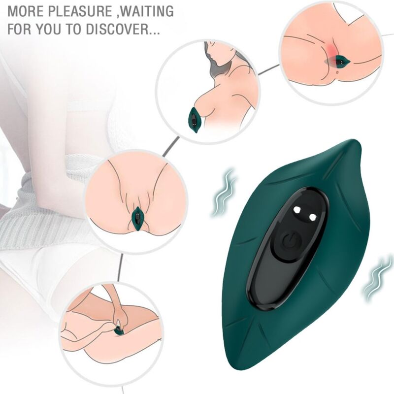 Close-up do vibrador estimulador ARMONY com controle remoto verde, destacando seu design ergonómico e material de silicone.