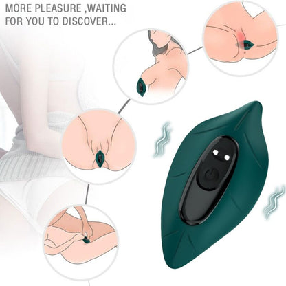 Close-up do vibrador estimulador ARMONY com controle remoto verde, destacando seu design ergonómico e material de silicone.