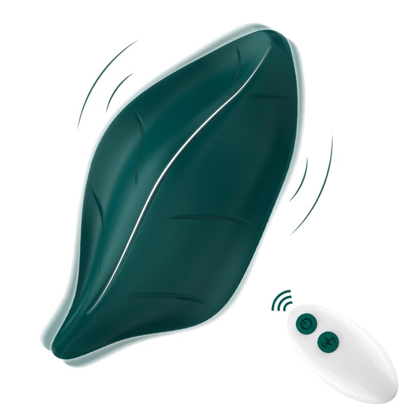 Close-up do vibrador estimulador ARMONY com controle remoto verde, destacando seu design ergonómico e material de silicone.