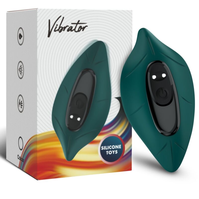 Close-up do vibrador estimulador ARMONY com controle remoto verde, destacando seu design ergonómico e material de silicone.