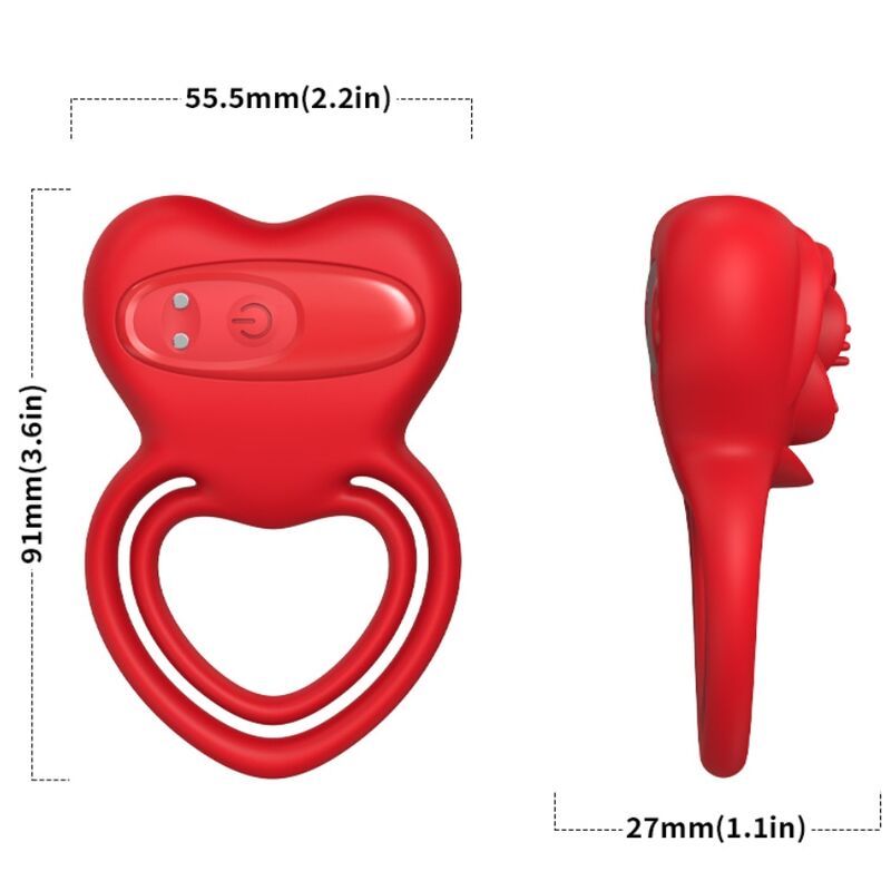 Close-up do ARMONY Anel Vibratório Coração Vermelho, mostrando seu design ergonômico e material de silicone.