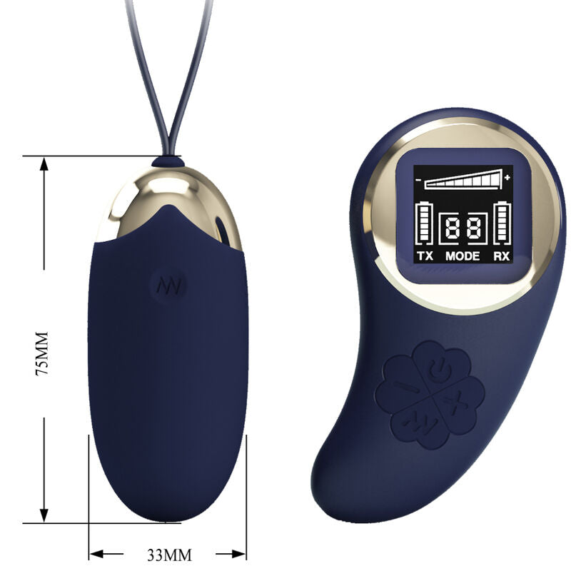 PRETTY LOVE Ovo Vibrante Mina com Controle Remoto Azul, mostrando o design ergonómico e a cor vibrante.