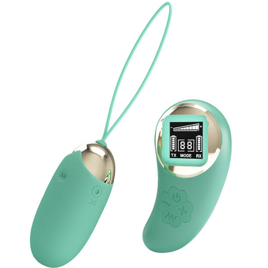 Close-up of the PRETTY LOVE Ovo Vibratório de Controle Remoto with its vibrant green color and sleek design, shown with its wireless remote control.