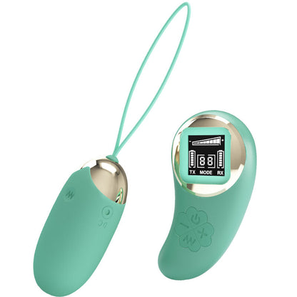 Close-up of the PRETTY LOVE Ovo Vibratório de Controle Remoto with its vibrant green color and sleek design, shown with its wireless remote control.