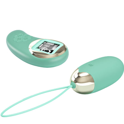Close-up of the PRETTY LOVE Ovo Vibratório de Controle Remoto with its vibrant green color and sleek design, shown with its wireless remote control.