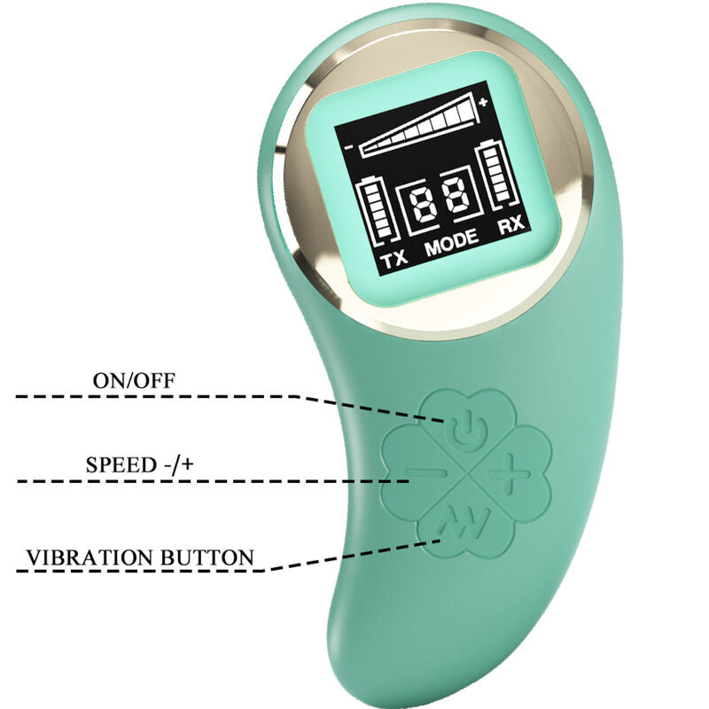 Close-up of the PRETTY LOVE Ovo Vibratório de Controle Remoto with its vibrant green color and sleek design, shown with its wireless remote control.