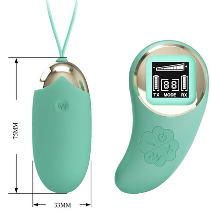 Close-up of the PRETTY LOVE Ovo Vibratório de Controle Remoto with its vibrant green color and sleek design, shown with its wireless remote control.