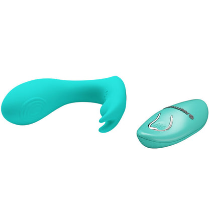 Vibrador G e Clitóris PRETTY LOVE Idabelle com Controle Remoto e Pulsação Azul, mostrando design ergonómico em silicone.