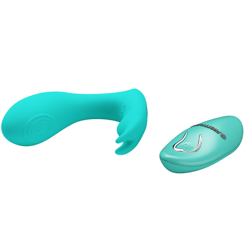 Vibrador G e Clitóris PRETTY LOVE Idabelle com Controle Remoto e Pulsação Azul, mostrando design ergonómico em silicone.