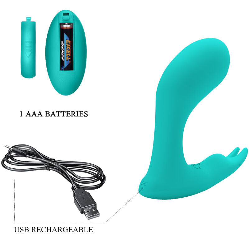 Vibrador G e Clitóris PRETTY LOVE Idabelle com Controle Remoto e Pulsação Azul, mostrando design ergonómico em silicone.
