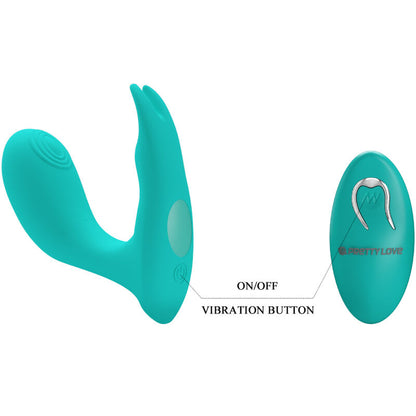 Vibrador G e Clitóris PRETTY LOVE Idabelle com Controle Remoto e Pulsação Azul, mostrando design ergonómico em silicone.