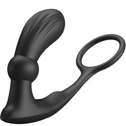 Close-up do PRETTY LOVE Anel Peniano Vibratório e Plug Anal com Controle Remoto, mostrando seu design ergonómico e material de silicone preto.