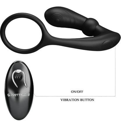 Close-up do PRETTY LOVE Anel Peniano Vibratório e Plug Anal com Controle Remoto, mostrando seu design ergonómico e material de silicone preto.