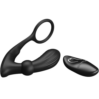 Close-up do PRETTY LOVE Anel Peniano Vibratório e Plug Anal com Controle Remoto, mostrando seu design ergonómico e material de silicone preto.