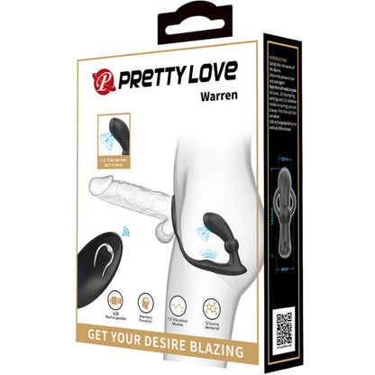Close-up do PRETTY LOVE Anel Peniano Vibratório e Plug Anal com Controle Remoto, mostrando seu design ergonómico e material de silicone preto.