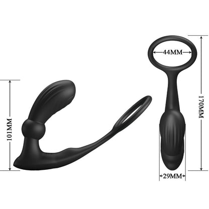 Close-up do PRETTY LOVE Anel Peniano Vibratório e Plug Anal com Controle Remoto, mostrando seu design ergonómico e material de silicone preto.