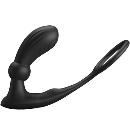Close-up do PRETTY LOVE Anel Peniano Vibratório e Plug Anal com Controle Remoto, mostrando seu design ergonómico e material de silicone preto.