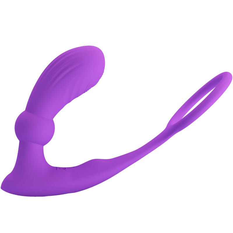Close-up of the PRETTY LOVE Anel Peniano e Vibrador Anal com Controle Remoto Violeta showing its features and design.