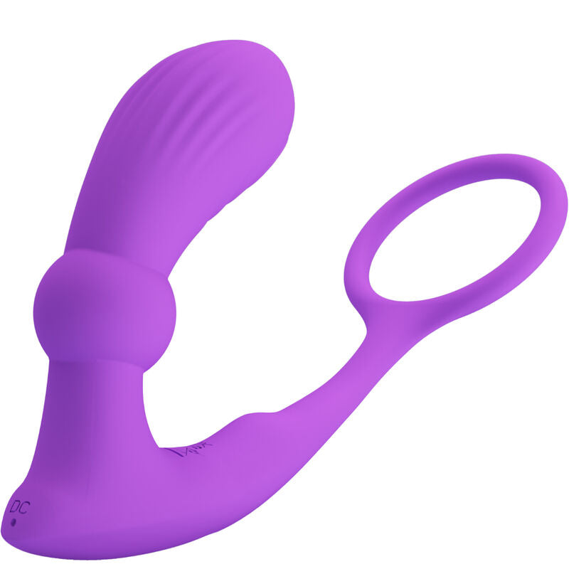 Close-up of the PRETTY LOVE Anel Peniano e Vibrador Anal com Controle Remoto Violeta showing its features and design.