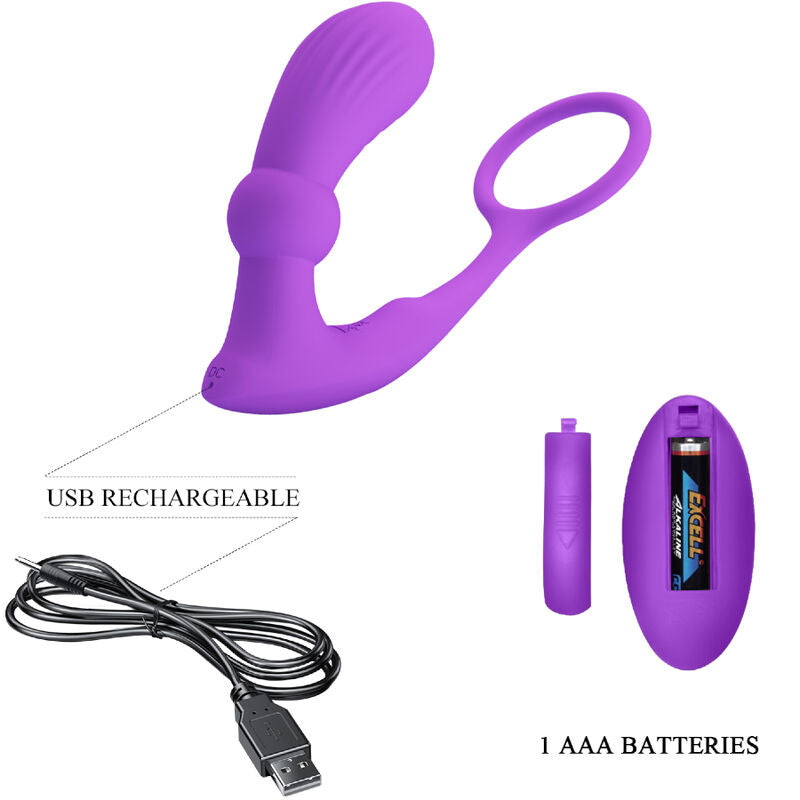 Close-up of the PRETTY LOVE Anel Peniano e Vibrador Anal com Controle Remoto Violeta showing its features and design.