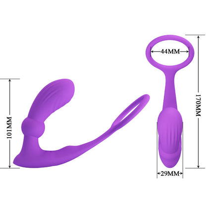 Close-up of the PRETTY LOVE Anel Peniano e Vibrador Anal com Controle Remoto Violeta showing its features and design.