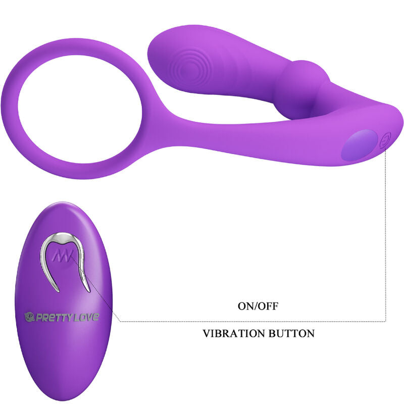 Close-up of the PRETTY LOVE Anel Peniano e Vibrador Anal com Controle Remoto Violeta showing its features and design.