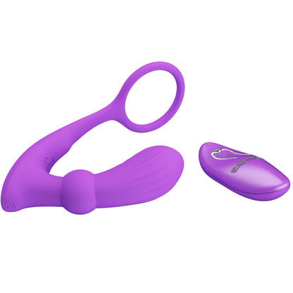 Close-up of the PRETTY LOVE Anel Peniano e Vibrador Anal com Controle Remoto Violeta showing its features and design.