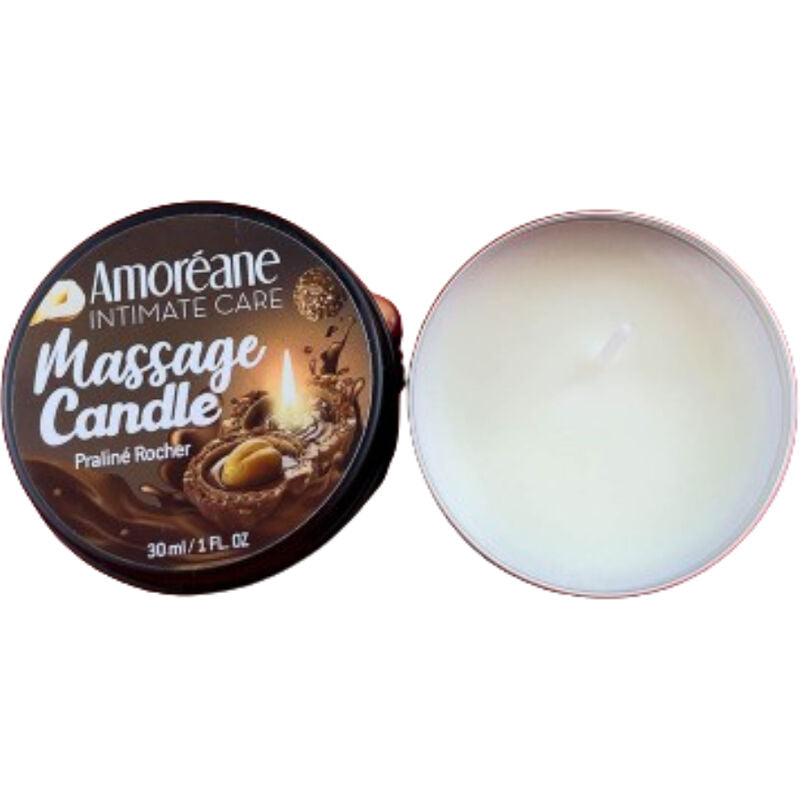 Vela de massagem AMOREANE Rocher Praliné 30ml, ideal para momentos sensoriais e hidratação da pele.