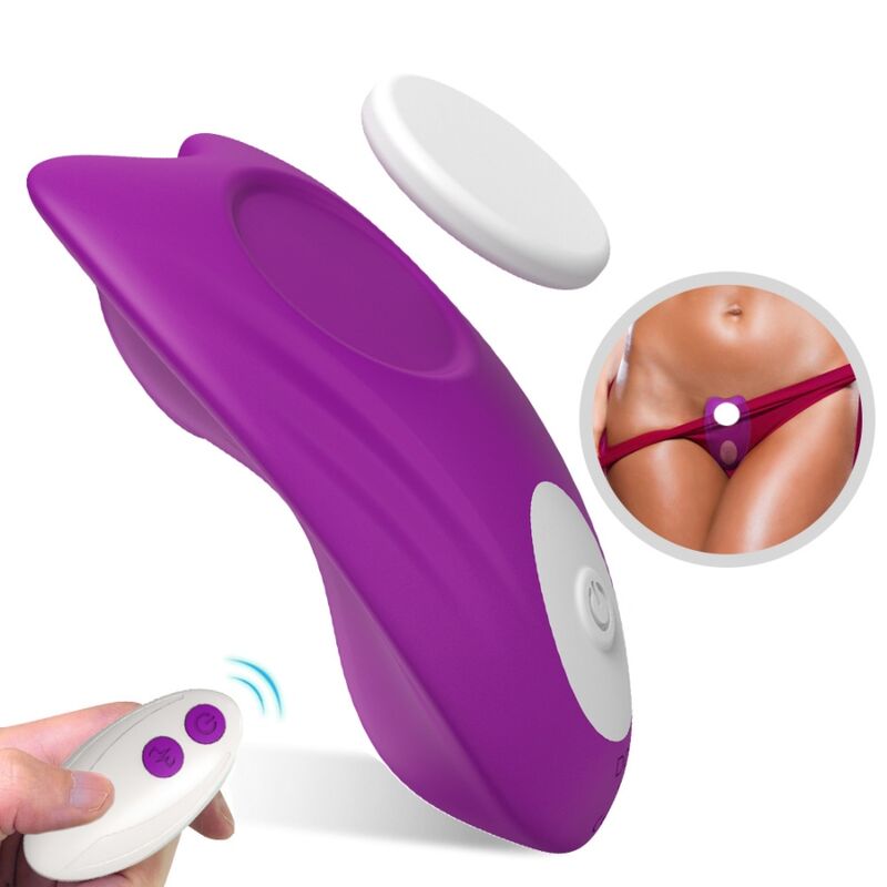 Calcinha Vibratória ARMONY Butterfly Wearable com Controle Remoto Roxo, exibindo seu design ergonômico e material de silicone.