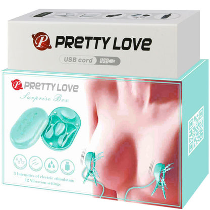 PRETTY LOVE Eletroestimulador de Mamilos Vibratório com Choque Azul, detalhes do design e funcionalidade.