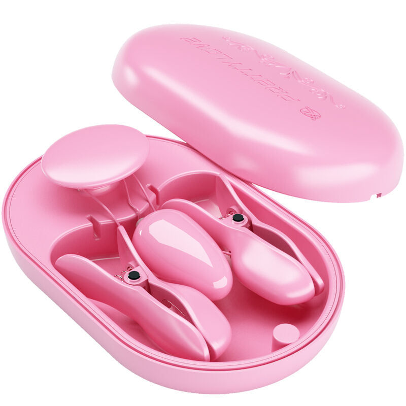 Close-up of the PRETTY LOVE Kit Eletroestimulação Pinças Mamilo Vibração Rosa showing its features.