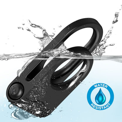 ARMONY Anel Vibrador Duplo Twins para Casais preto, detalhe da textura de silicone e motor vibratório.