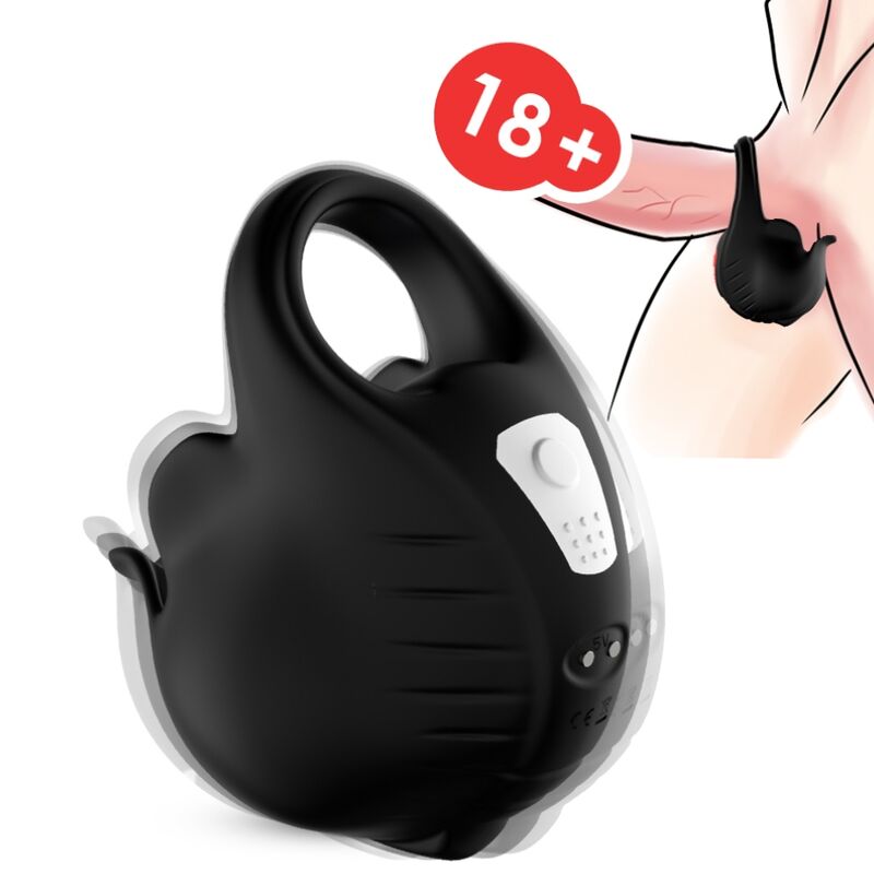 Anel Vibrador Peniano ARMONY com Controlo Remoto em silicone preto, mostrando o design e botões.