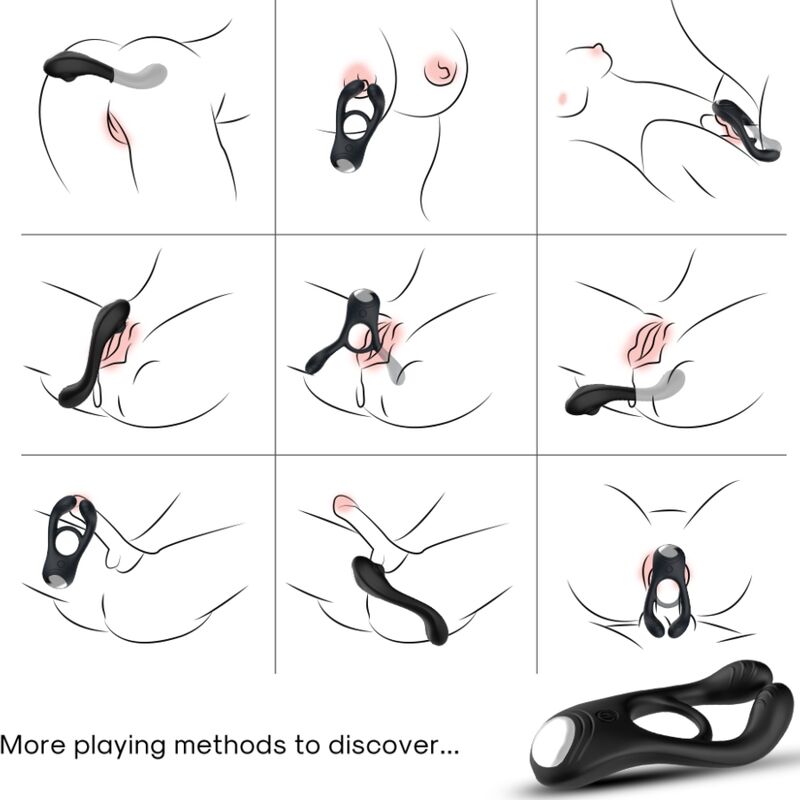 Anel Vibrador Duplo ARMONY Veyron para Casais com Controle Remoto em preto, mostrando design ergonómico e botões de controlo.