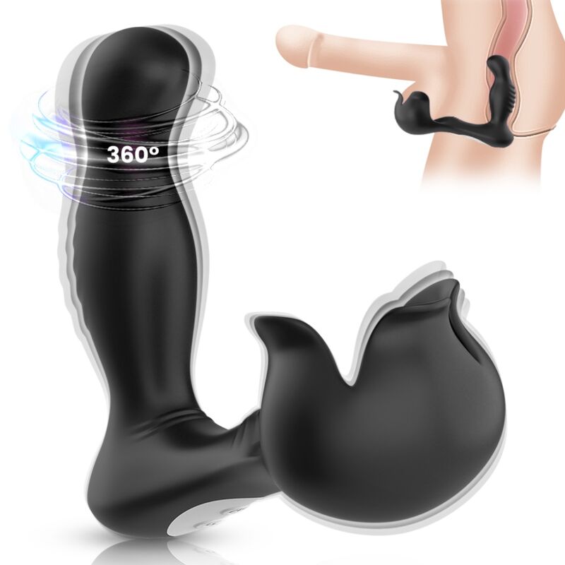 Close-up do vibrador anal e estimulador testicular ARMONY com controle remoto, destacando seu design ergonômico em silicone preto.