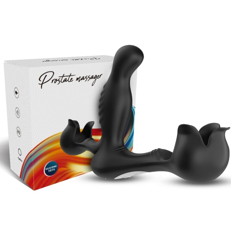 Close-up do vibrador anal e estimulador testicular ARMONY com controle remoto, destacando seu design ergonômico em silicone preto.