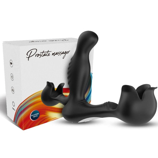 Close-up do vibrador anal e estimulador testicular ARMONY com controle remoto, destacando seu design ergonômico em silicone preto.