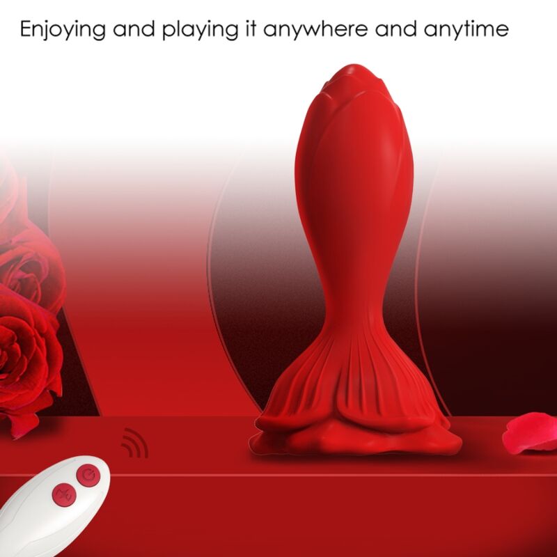 Close-up do Vibrador e Plug Anal ARMONY rosa e vermelho com controle remoto, destacando seu design ergonômico e material de silicone.