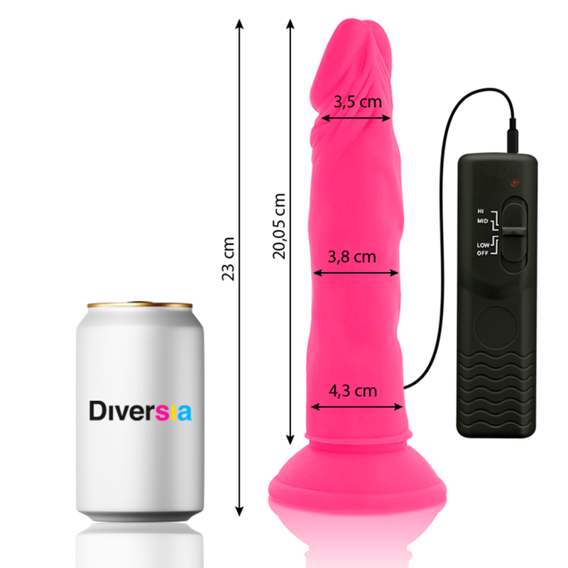 Close-up do DIVERSIA Dildo Flexível Vibratório Rosa 23cm com Ventosa, destacando seu design e textura.