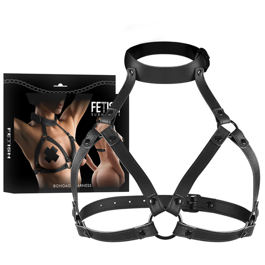 Detalhe do Arnês de Peito Ajustável FETISH SUBMISSIVE em couro vegano com corrente.