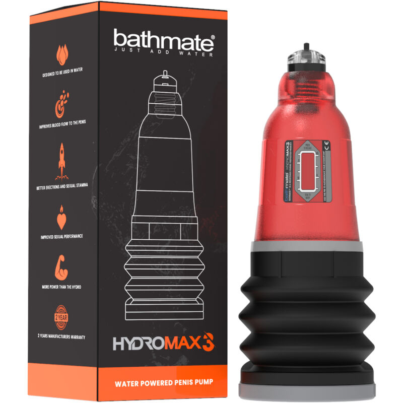 Bomba de vácuo peniana BATHMATE Hydromax 3 Vermelho, detalhe do design e mecanismo.
