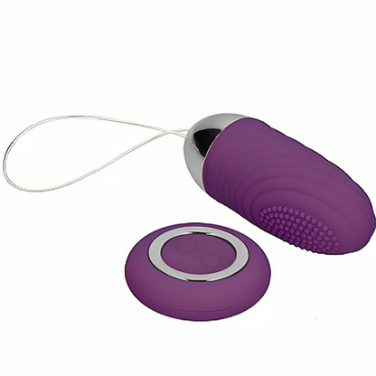 Close-up do Ovo Vibratório ARMONY Jiuuy Granular com Controle Remoto Violeta, destacando sua textura de silicone e design ergonômico.