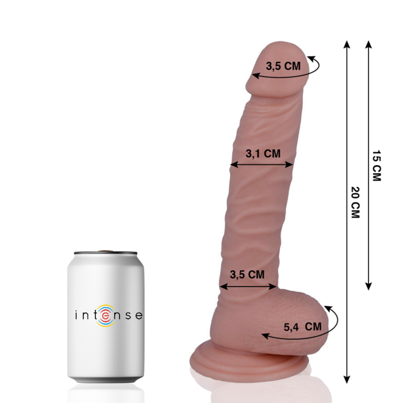Close-up do Dildo Realista MR INTENSE 20cm x 3.1cm, mostrando sua textura realista e ventosa.